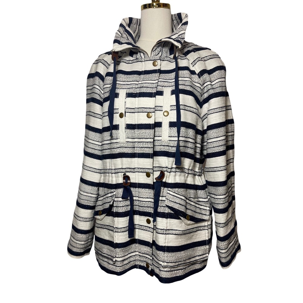 LOFT Breton Anorak Navy Cream Striped Jacket Drawstring Waist Nautical Large